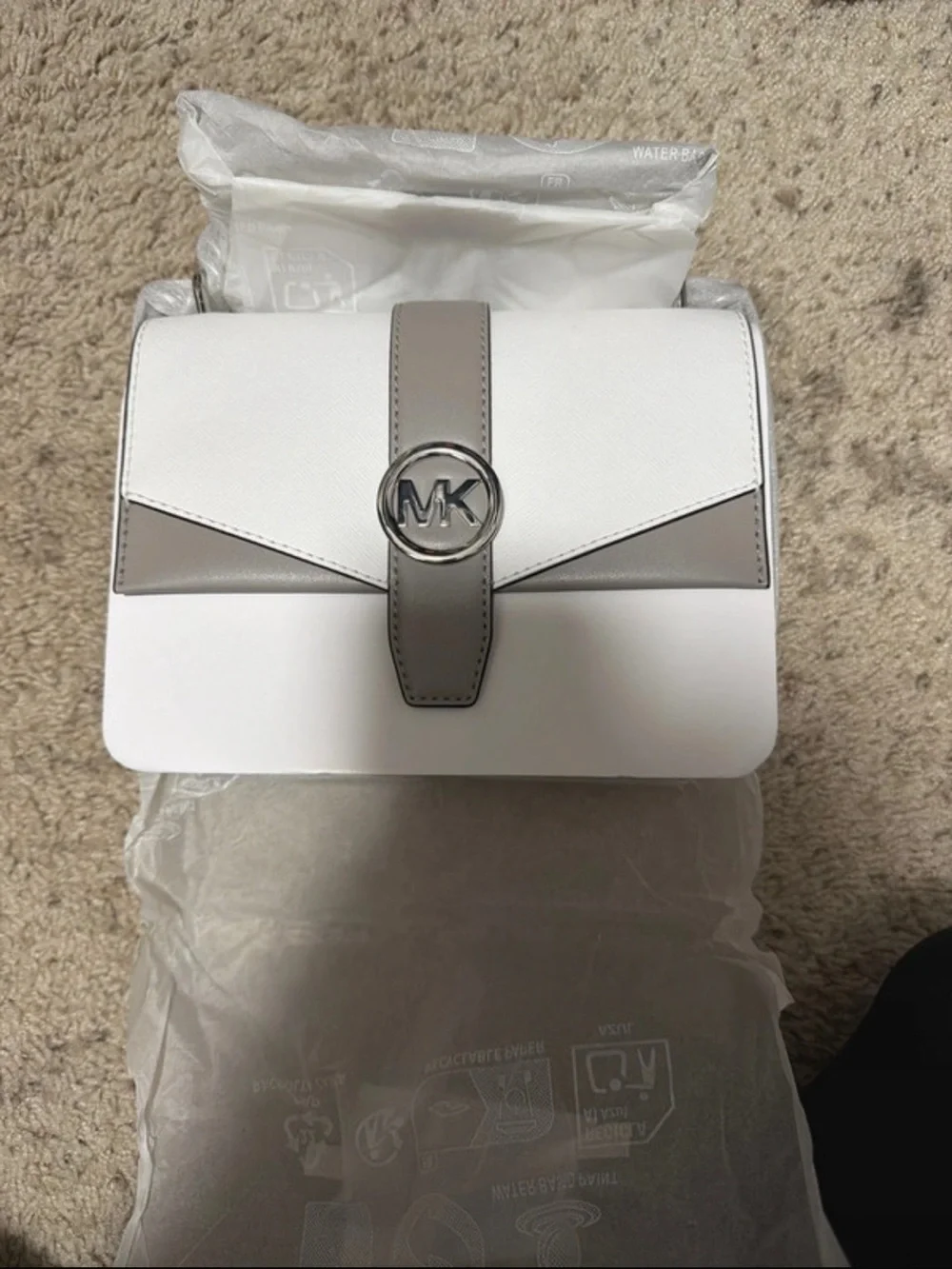 Michael Kors White and Taupe Leather MK Logo Crossbody